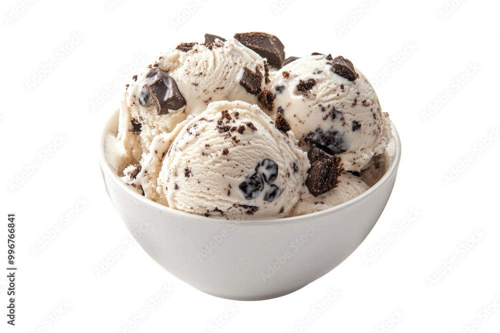 A close-up shot of a white bowl filled with scoops of vanilla ice cream with chocolate chips and cookie pieces. A close-up shot of a white bowl filled with scoops of vanilla ice cream with chocolate chips and cookie pieces.