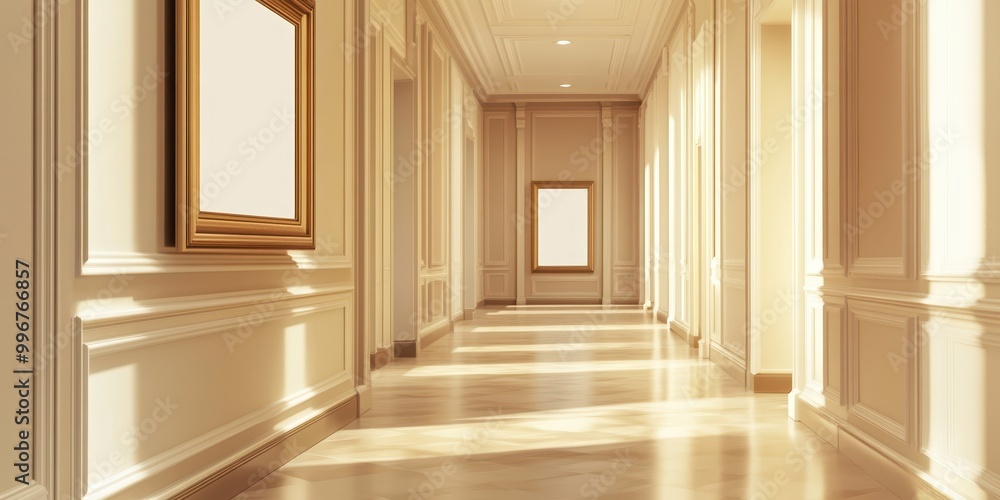 Fototapeta premium A beautifully lit corridor featuring elegant frames and a warm color palette, inviting a serene atmosphere and timeless design.