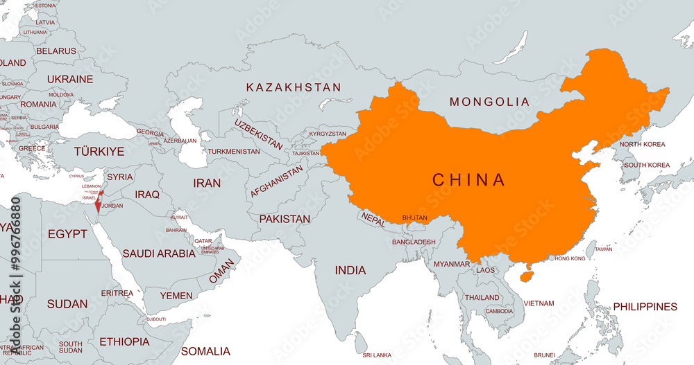 Obraz premium Map of israel and china . Highlighting the two countries on the map.