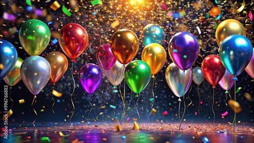 Vibrant colorful confetti fills the air, swirling around shiny metallic balloons against a dark background, capturing the excitement and joy of New Year's Eve celebrations. photo