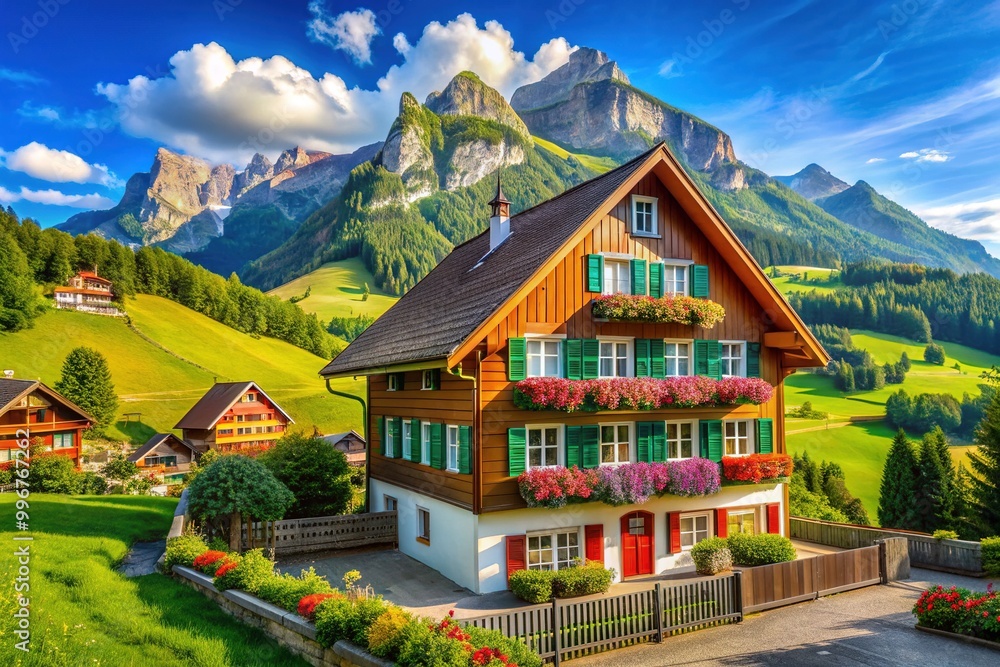 Vibrant colorful traditional Swiss chalets line the charming cobblestone streets of Appenzell, surrounded by lush green mountains and picturesque countryside scenery. Vibrant colorful traditional Swiss chalets line the charming cobblestone streets of Appenzell, surrounded by lush green mountains and picturesque countryside scenery.