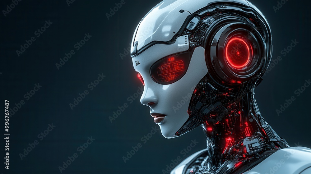 Futuristic robot profile with glowing red eyes, blending technology and art in a sleek design, perfect for sci-fi themes. Futuristic robot profile with glowing red eyes, blending technology and art in a sleek design, perfect for sci-fi themes.