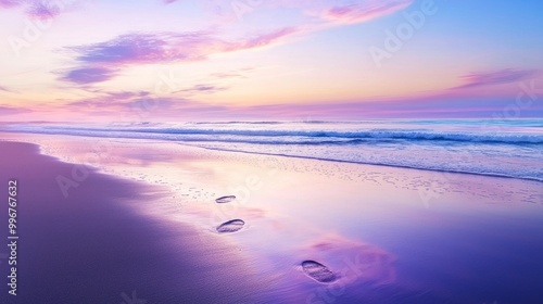 a tranquil beachfront at dawn, with soft colors reflecting on the water and footprints in the sand