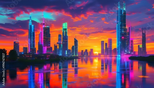 Neon-Illuminated Futuristic City Skyline at Sunset with Reflective River, Vibrant Urban Landscape and Dystopian Sci-Fi Atmosphere