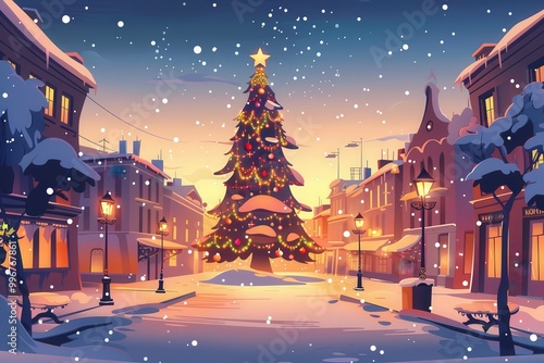 A Christmas tree is the focal point of a snowy city street, generative ai image