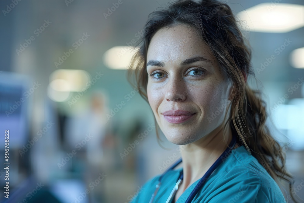 Obraz premium A woman in a green scrubs is smiling at the camera