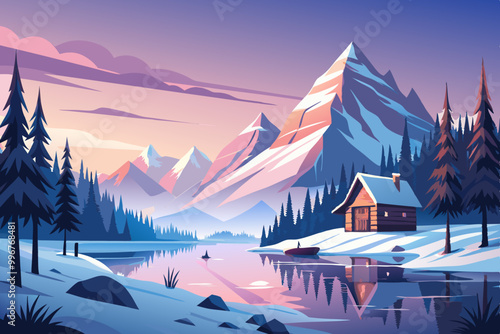 Winter Mountains and Frozen Lake