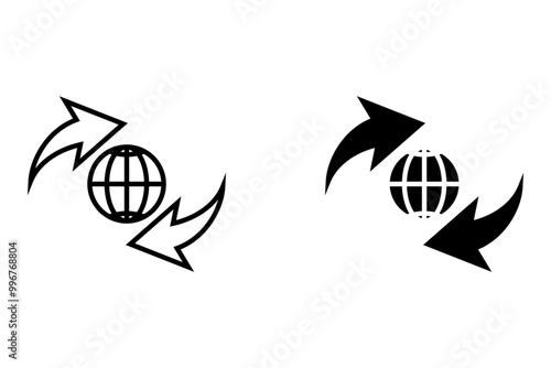 Black round globe with sync arrow path line icon, simple flat design vector pictogram, infographic vector for app logo label web button banner ui ux photo