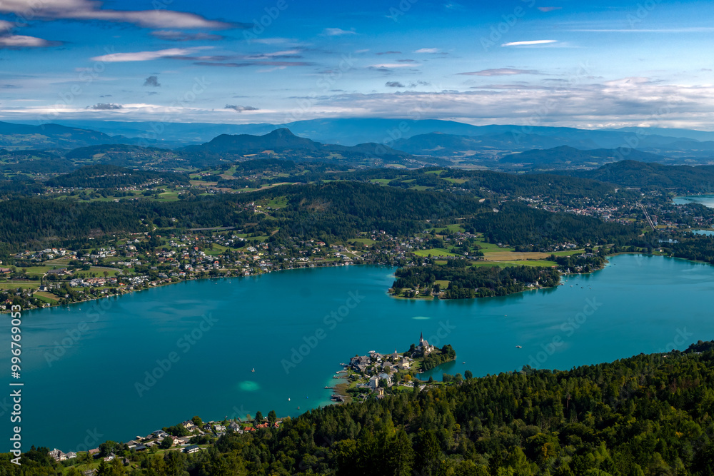 Fototapeta premium View Over Lake Woerthersee(Wörther See) And Village Maria Woerth On Peninsula In Carinthia In Austria