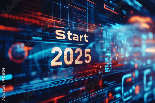 Futuristic digital display featuring graphic effects and the text Start 2025 to signify a new beginning in technology and innovation