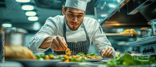 Bustling Kitchen Scene with Chef in Action photo