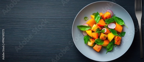 Close-up shot of sliced carrots and greens on a plate with blurred background, suggesting a healthy meal. photo