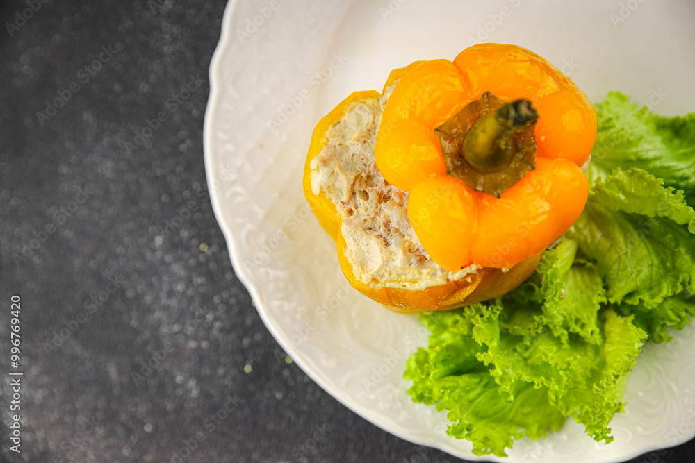 pepper stuffed meat and rice tasty food dish second course Fresh delicious gourmet food background on the table rustic food top view copy space top view pepper stuffed meat and rice tasty food dish second course Fresh delicious gourmet food background on the table rustic food top view copy space top view