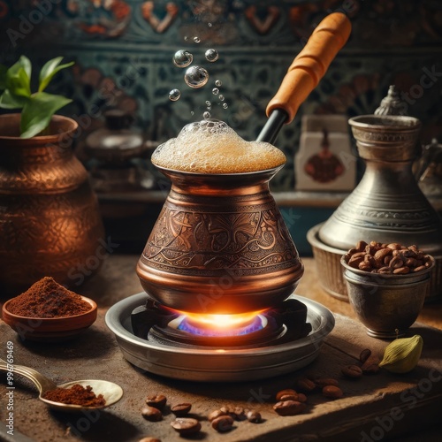 Traditional coffee brewing in an ornate metal cezve over an open flame