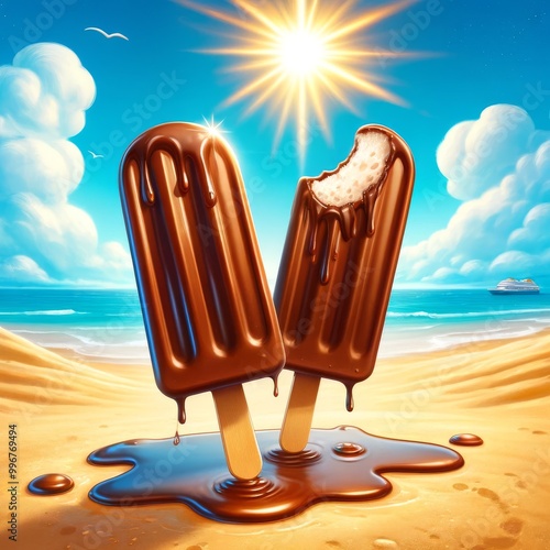 Two chocolate popsicles melt under a bright sun, with a sandy beach and blue ocean backdrop