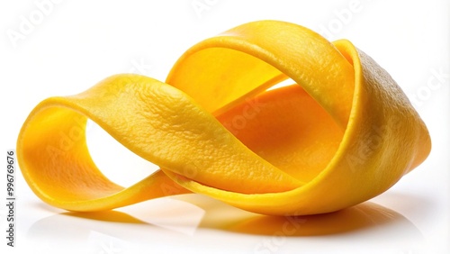 Vibrant yellow mango peel, curved and twisted, lies isolated on a white background, showcasing the fruit's natural texture and subtle sheen. photo