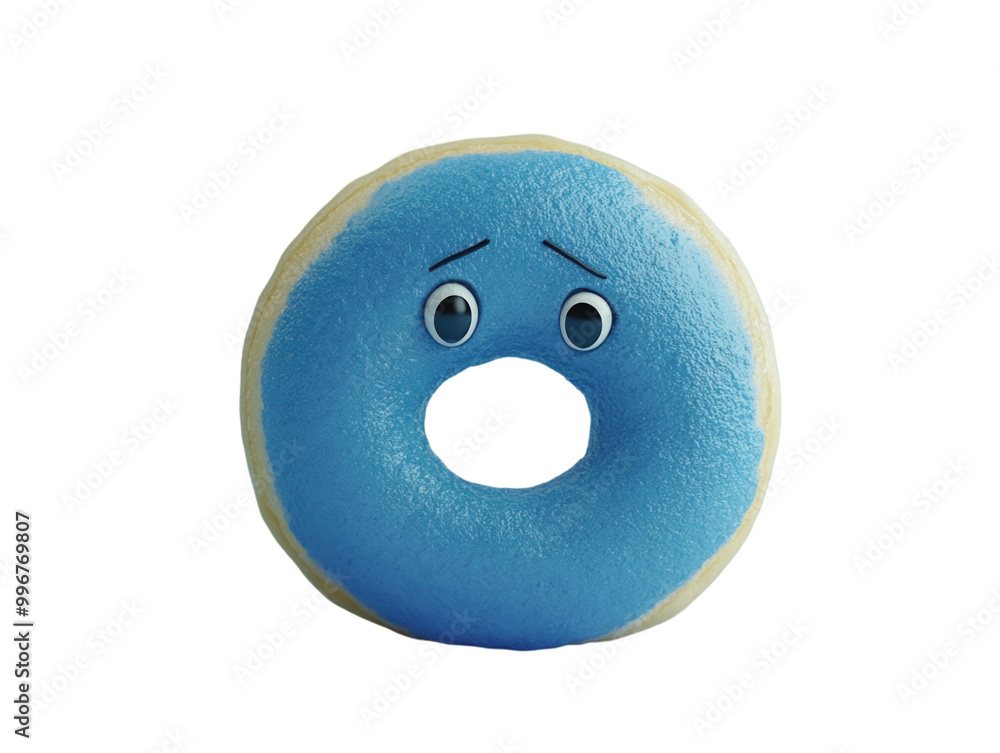 Sad blue donut with a face on blue background PNG transparent. Sad blue donut with a face on blue background PNG transparent.