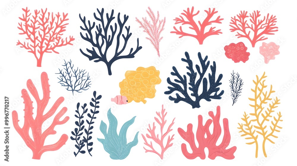 Seaweed, coral, and sea plants clip art set in a flat vector style on a white background with margins, in bright pastel colors Seaweed, coral, and sea plants clip art set in a flat vector style on a white background with margins, in bright pastel colors