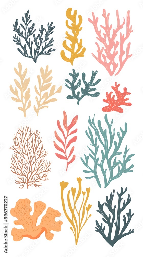 Seaweed, coral, and sea plants clip art set in a flat vector style on a white background with margins, in bright pastel colors Seaweed, coral, and sea plants clip art set in a flat vector style on a white background with margins, in bright pastel colors
