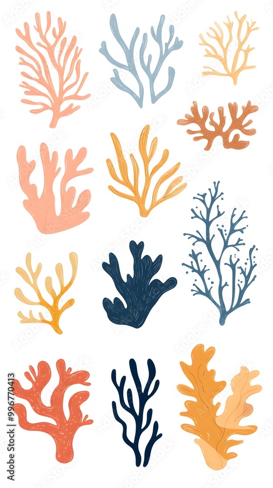 Seaweed, coral, and sea plants clip art set in a flat vector style on a white background with margins, in bright pastel colors Seaweed, coral, and sea plants clip art set in a flat vector style on a white background with margins, in bright pastel colors