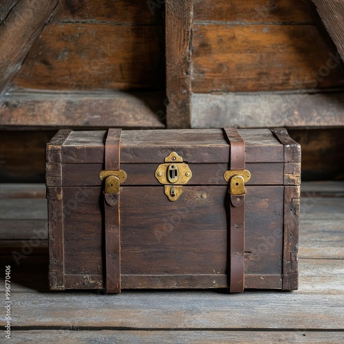 Weathered wooden trunk with tarnished brass hinges, cracked leather straps, and faded paint, placed in an attic setting, evoking hidden treasures