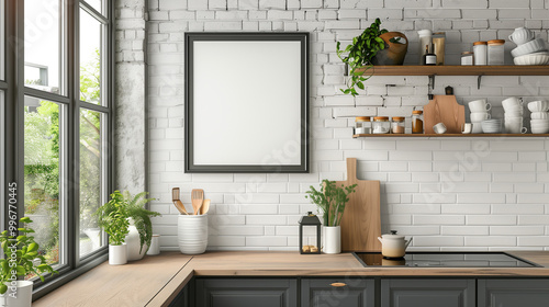 Wallpaper Mural Poster frame mockup in modern kitchen interior with accessories. Torontodigital.ca