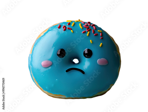 Sad blue donut with a face on blue background PNG transparent. photo