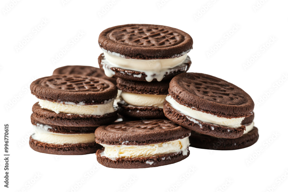 A close-up of a stack of chocolate cookies filled with vanilla ice cream.