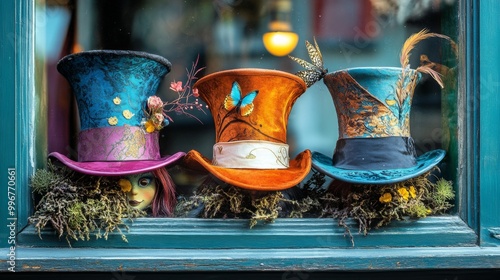 Wonderland Hat Shop Window Banner background of Mad Hatter Day theme banner design for microstock, no text, and wide copy space, Wonderland Hat Shop Window,  photo