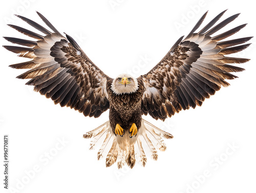 Bald eagle with wings spread on white background PNG transparent. photo