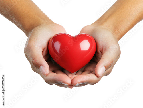 Hands holding a red heart on white background PNG transparent.