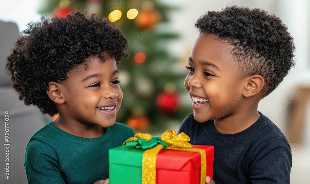 Joyful Siblings Exchanging Holiday Gifts by the Christmas Tree Joyful Siblings Exchanging Holiday Gifts by the Christmas Tree