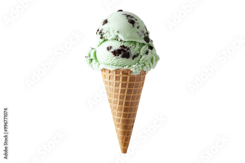 A single scoop of mint chocolate chip ice cream in a waffle cone, isolated on a black background.