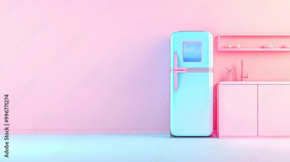 Modern kitchen with pastel refrigerator and minimalistic design, white background. Modern kitchen with pastel refrigerator and minimalistic design, white background.