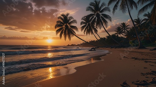 Tropical Beach Sunset with Palm Trees sand sea waves wind atmosphere background wallpaper desktop.