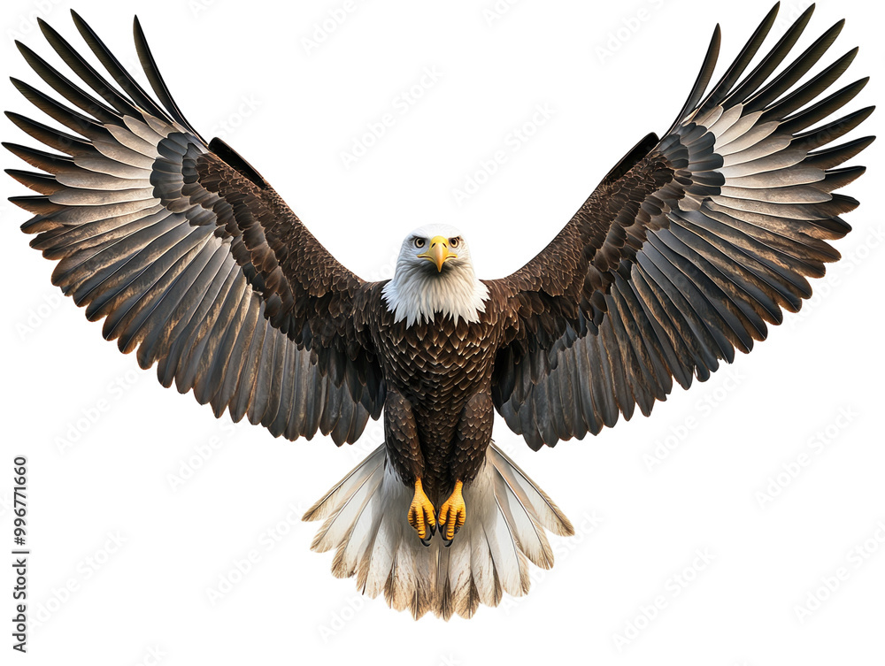 Obraz premium Bald eagle with wings spread on white background PNG transparent.