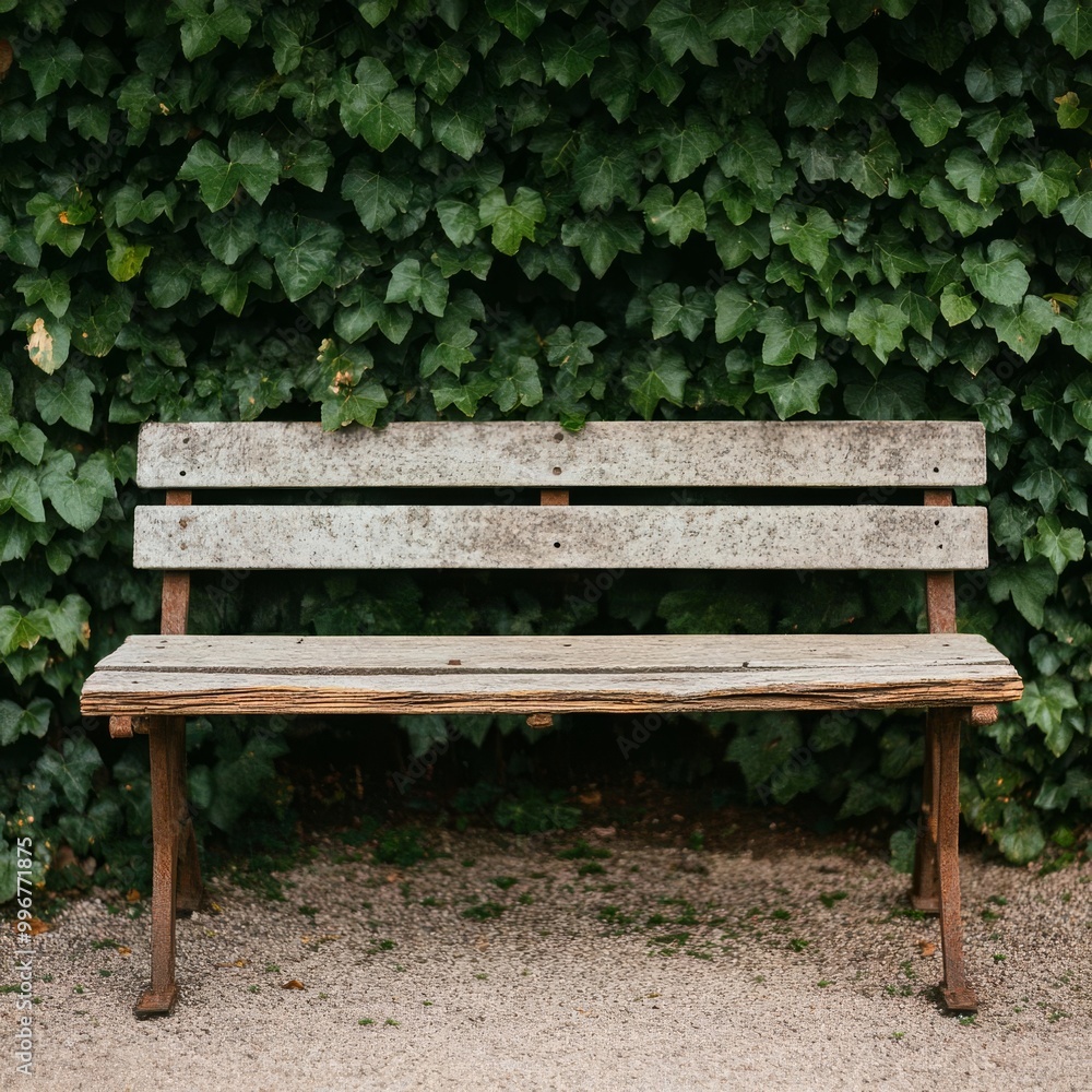 Worn-out garden bench with splintered edges and rusting metal legs, surrounded by ivy, representing a sense of timelessness Worn-out garden bench with splintered edges and rusting metal legs, surrounded by ivy, representing a sense of timelessness