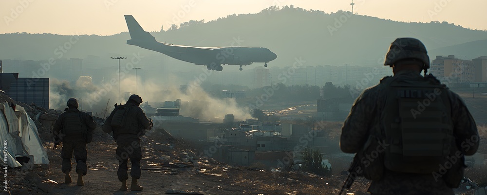 Soldiers in City Landscape with Incoming Plane Soldiers in City Landscape with Incoming Plane