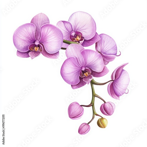 Pink orchids with delicate petals and buds on a white isolated background.