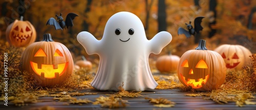 A ghost is standing in front of pumpkins and bats
