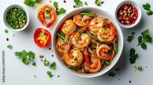 Delicious Shrimp Curry in White Bowl with Fresh Herbs and Lime Slices on the Side with Condiments. photo