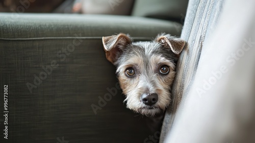 a bashful pet, such as a dog or cat, hiding behind furniture, symbolizing timidity and affection