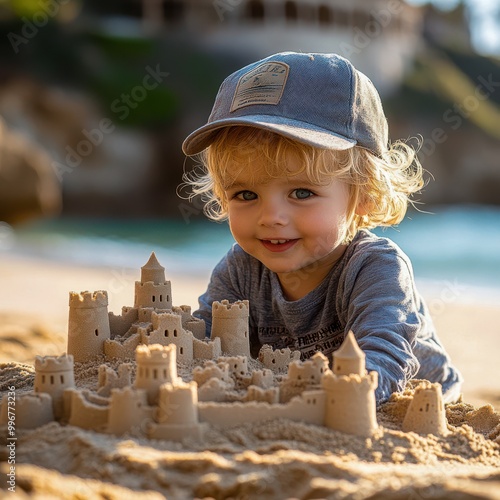 Little Builder's Masterpiece: A Joyful Beach Moment photo