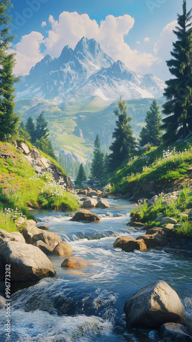 river in the mountains, mountain landscape, desktop background wallpaper