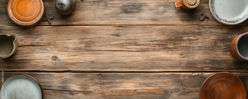 Worn-out wooden table with chipped edges, peeling varnish, and rusty nails, surrounded by antique kitchenware, representing rustic farmhouse charm Worn-out wooden table with chipped edges, peeling varnish, and rusty nails, surrounded by antique kitchenware, representing rustic farmhouse charm