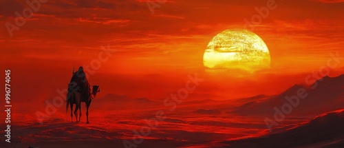 Tranquil Sunset Silhouette of Rider on Camel or Horse against Warm Hued Sky. photo