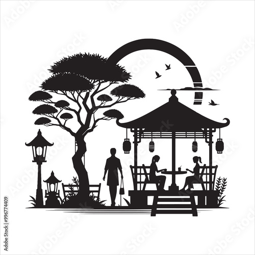 Outdoor garden gazebo silhouette with trees and people relaxing in a tranquil park setting vector