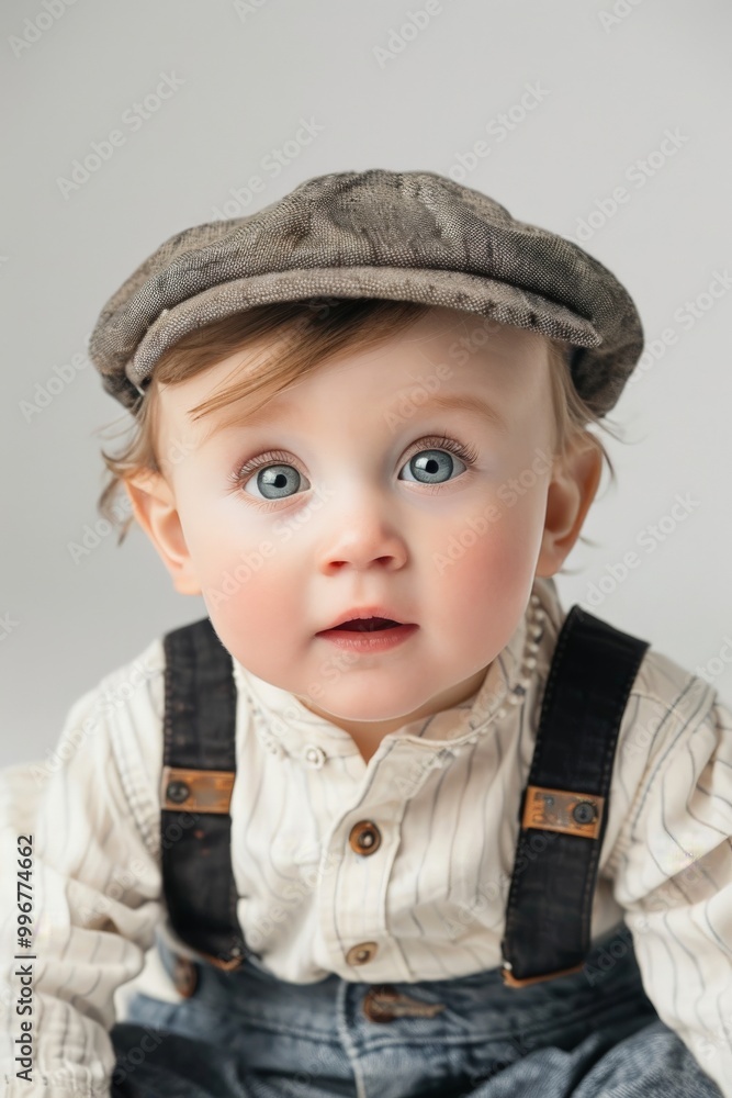Infant boy with a stylish cap and suspenders, giving a charming look towards the camera in a studio Infant boy with a stylish cap and suspenders, giving a charming look towards the camera in a studio