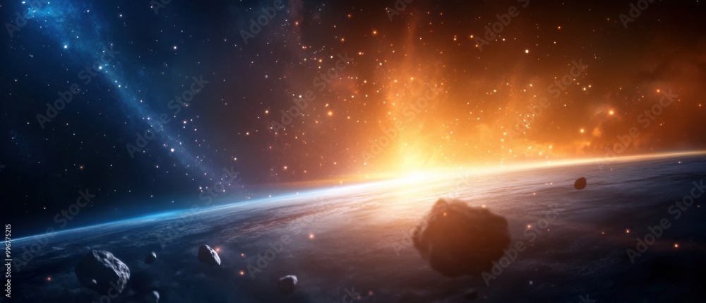 Stunning cosmic scene, vibrant celestial colors, asteroids in the foreground. Stunning cosmic scene, vibrant celestial colors, asteroids in the foreground.