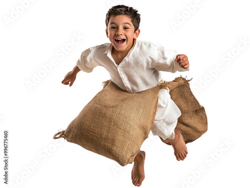 Excited boy jumping in a sack race on white background PNG transparent. photo